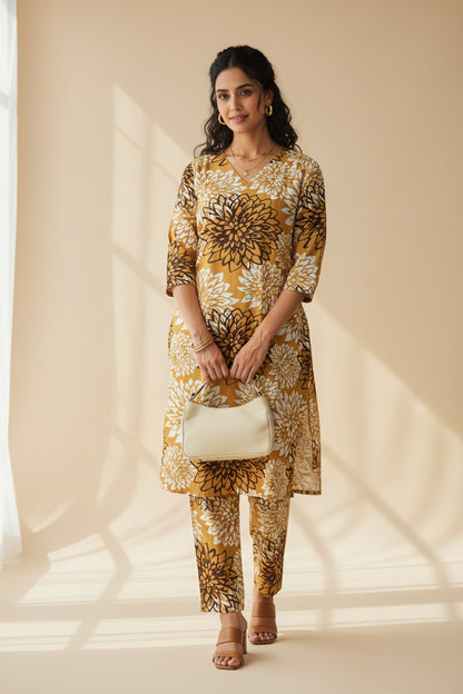 A women's long-sleeve tunic dress with a bold floral print in mustard yellow, white, and dark brown.