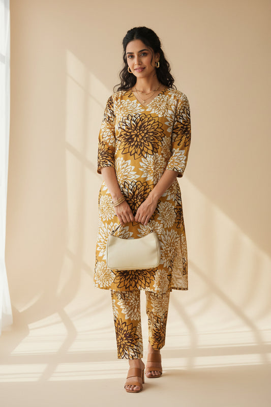 A women's long-sleeve tunic dress with a bold floral print in mustard yellow, white, and dark brown.