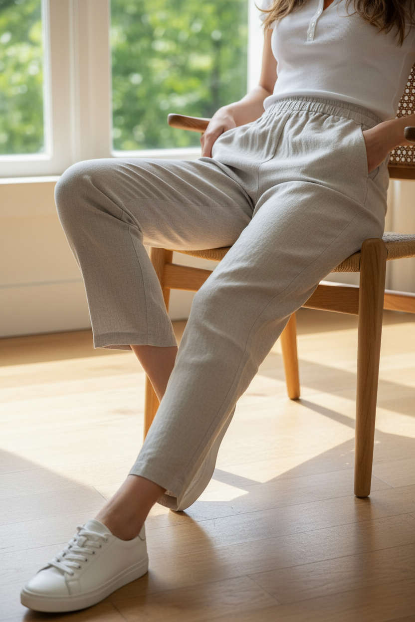 A pair of light beige linen trousers with an elastic drawstring waist.
