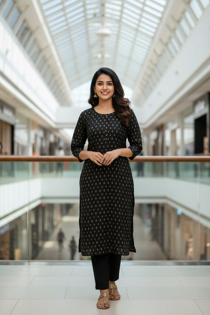 A black long-sleeve kurta with a repeating gold geometric pattern.