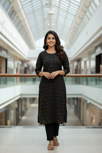 Black Cotton Kurta with gold geometric pattern
