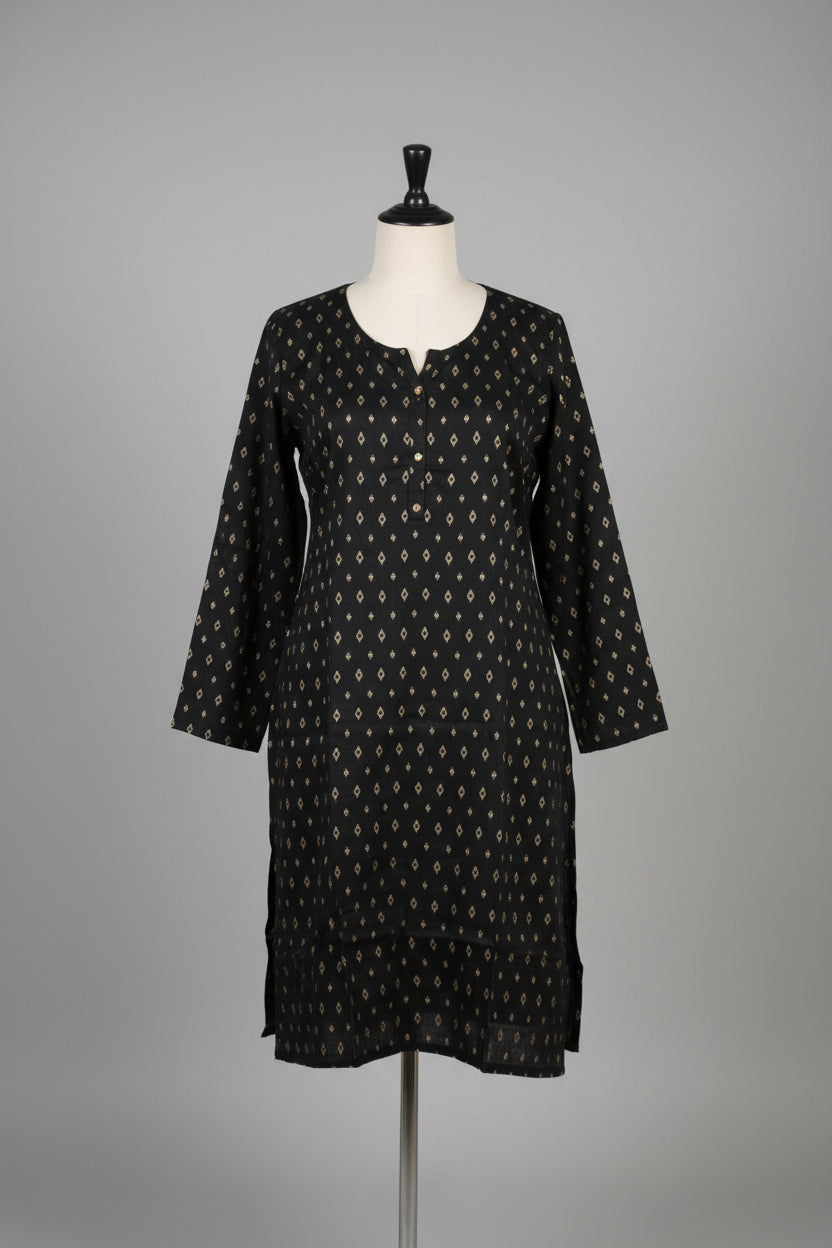 A black long-sleeve kurta with a repeating gold geometric pattern