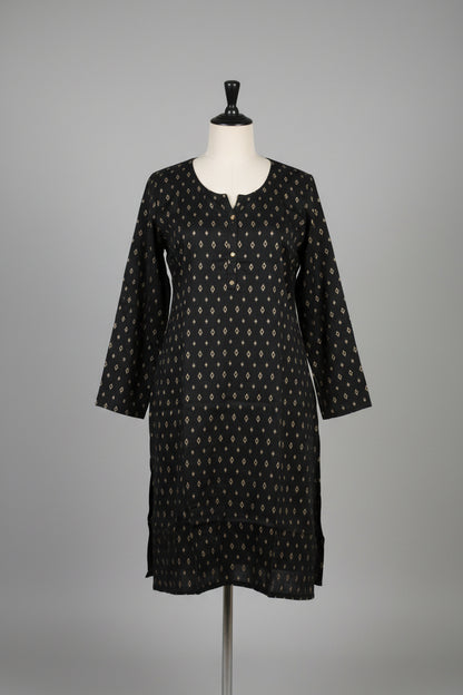 A black long-sleeve kurta with a repeating gold geometric pattern