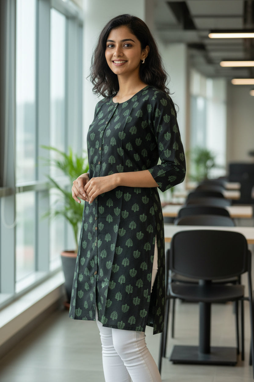 A black long-sleeve tunic or kurta with a repeating green leaf-like pattern.