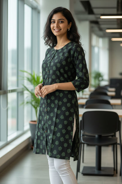 A black long-sleeve tunic or kurta with a repeating green leaf-like pattern.