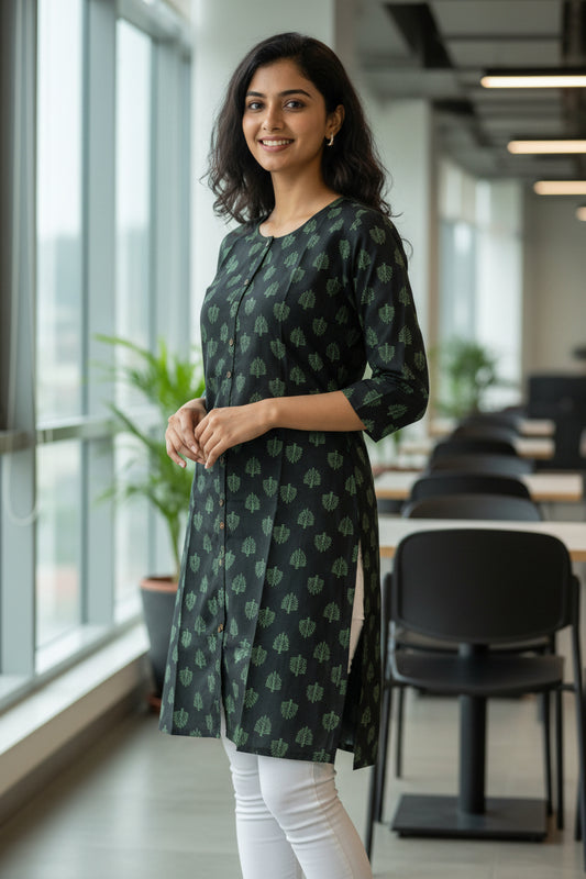 A black long-sleeve tunic or kurta with a repeating green leaf-like pattern.