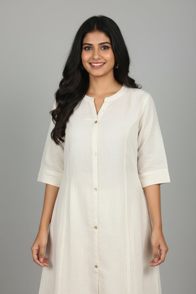 A white short-sleeved button-up kurta