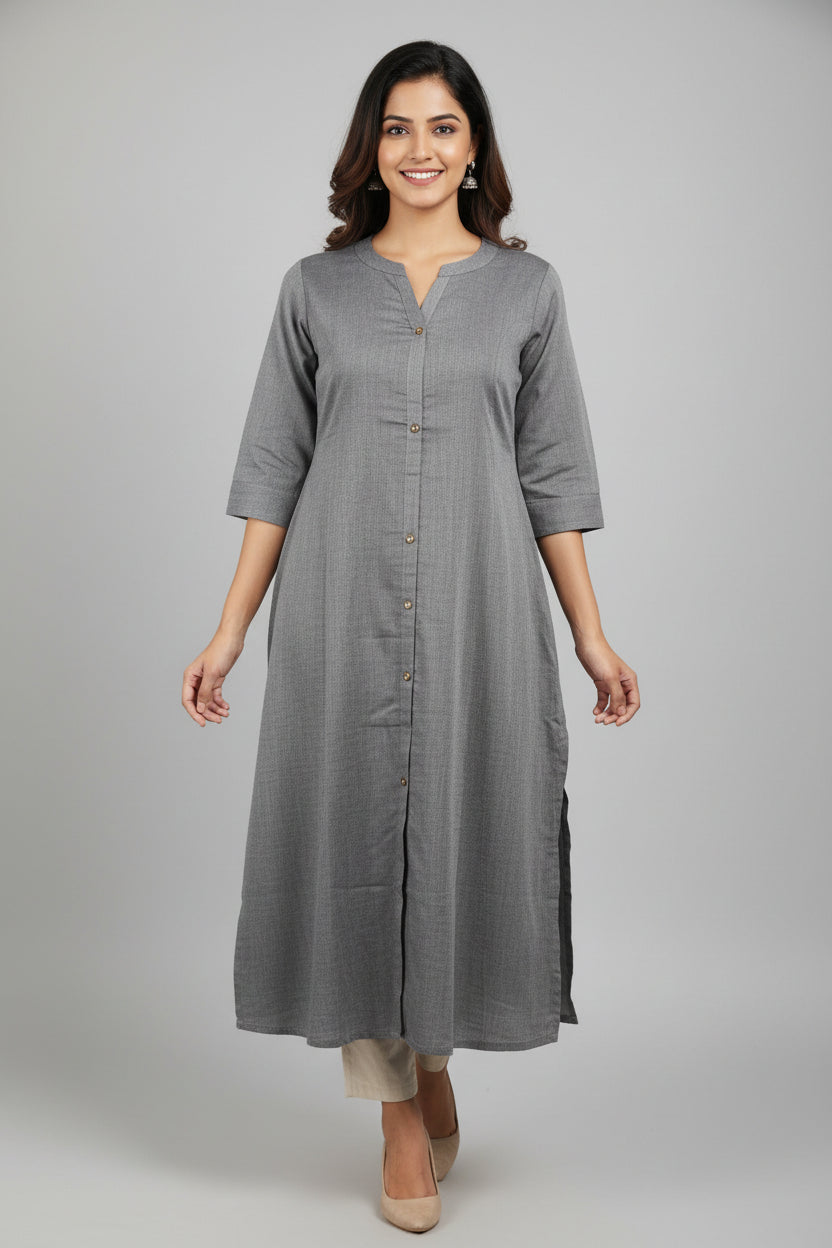 A gray linen tunic dress with short sleeves and a buttoned front.
