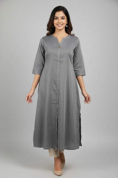 A gray linen tunic dress with short sleeves and a buttoned front.