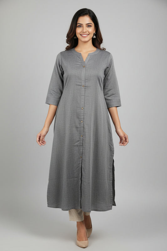 A gray linen tunic dress with short sleeves and a buttoned front.