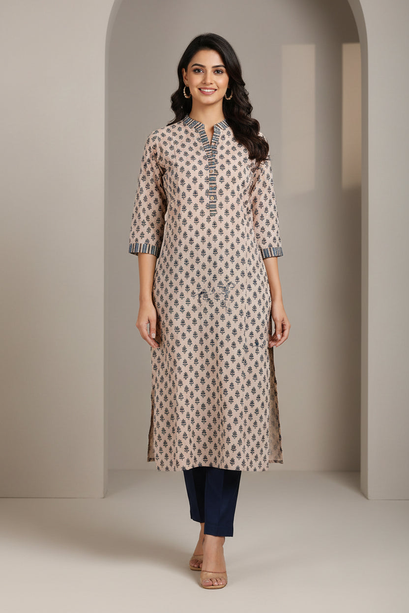 A beige cotton kurta with a black geometric pattern and striped ruffle trim, laid flat on a bright green background.