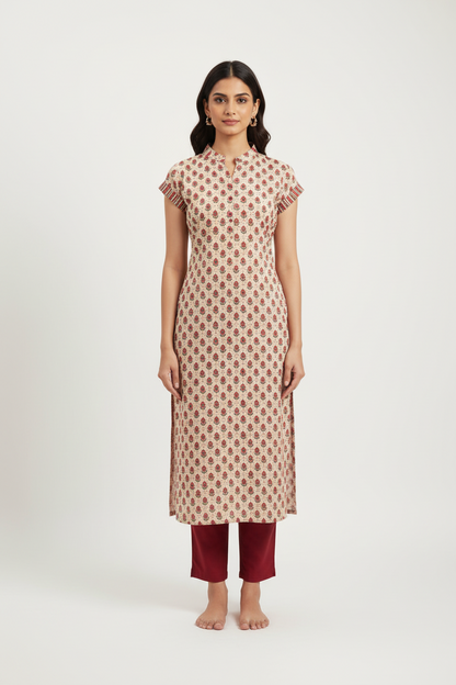 A woman stands barefoot against a light gray studio background wearing a knee-length beige kurta with a repeating brown circular print, cap sleeves, and a split neckline, paired with dark red cropped pants.