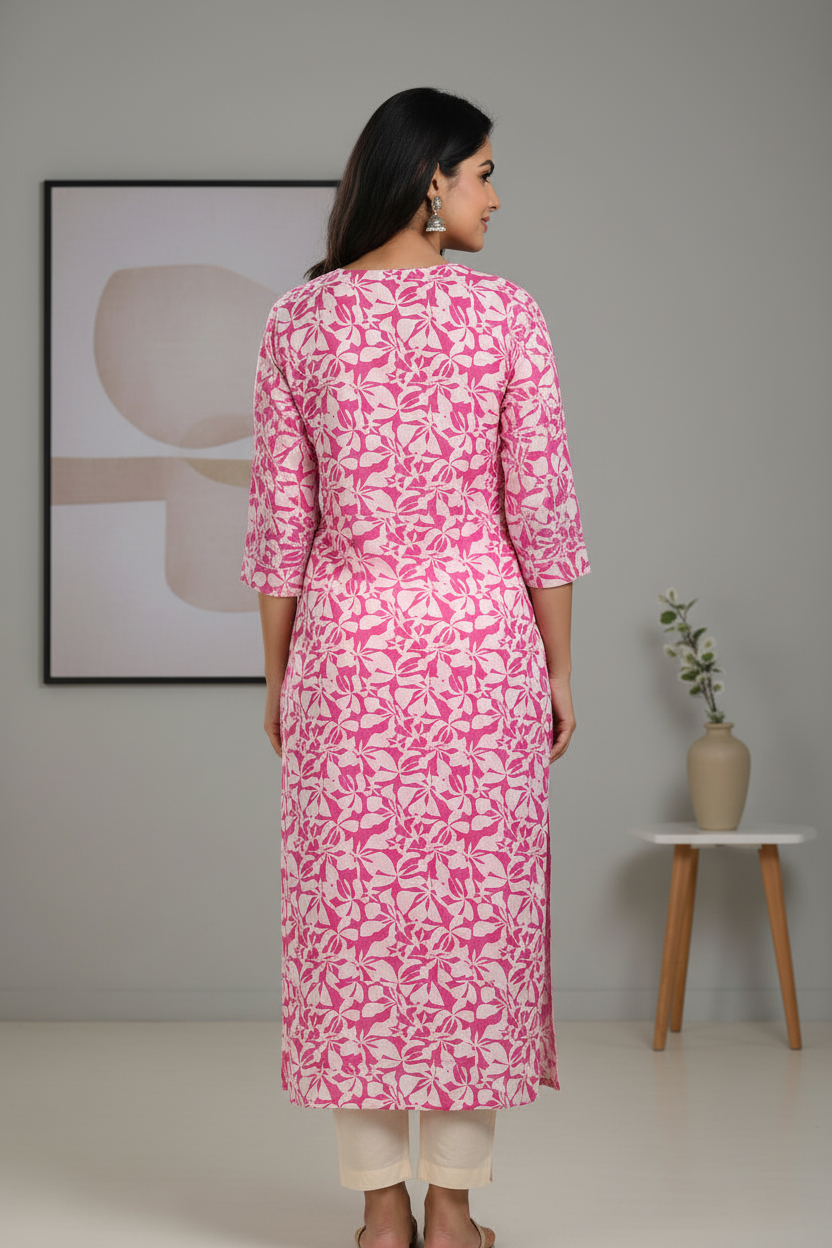 A pink and white floral Cotton Kurti for Women