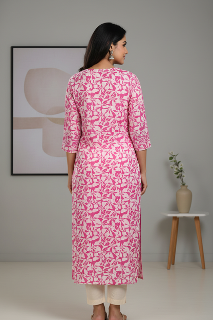 A pink and white floral Cotton Kurti for Women