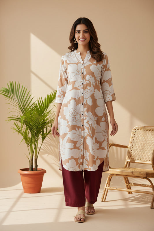 Beige White floral Kurti