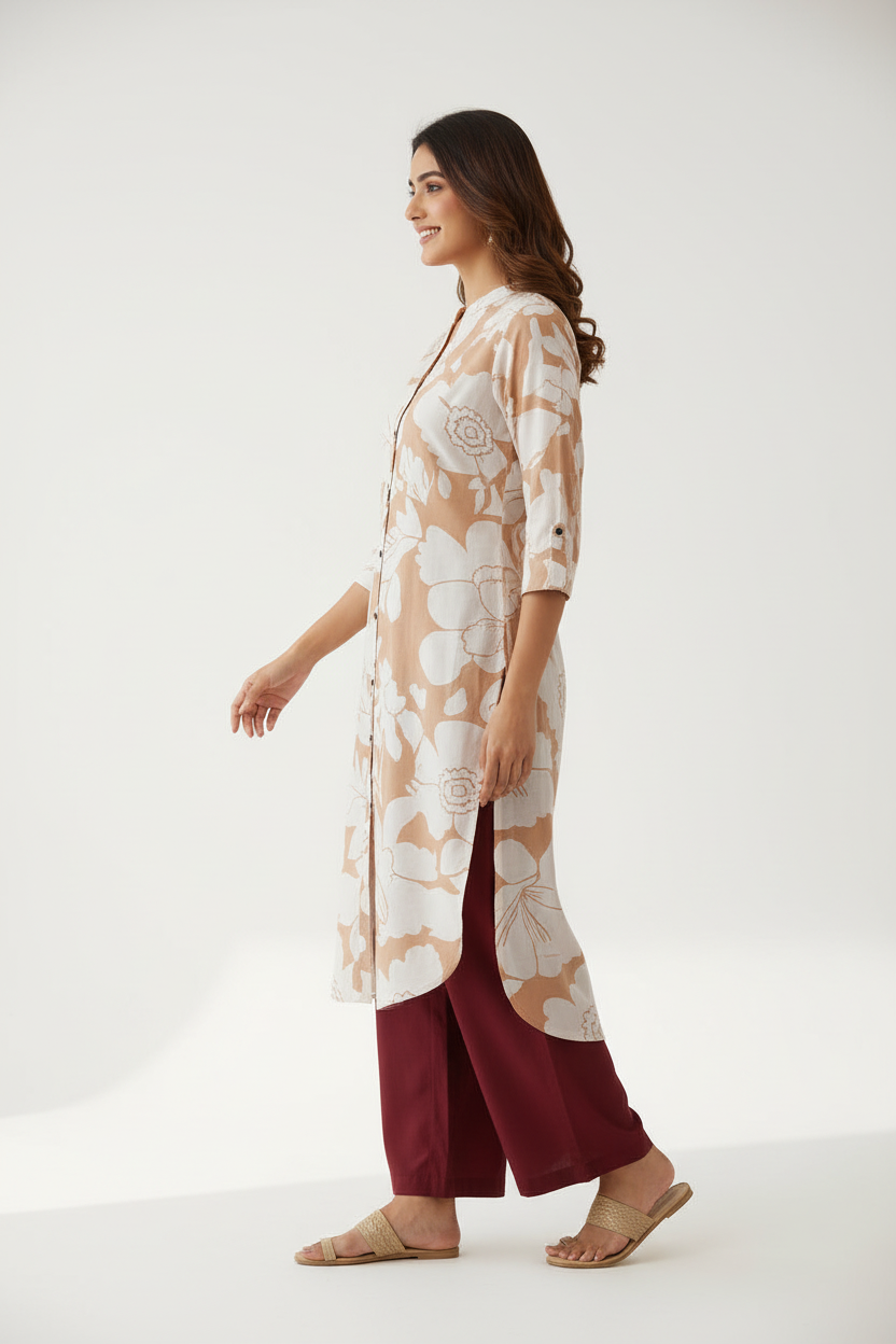 Beige White floral Kurti