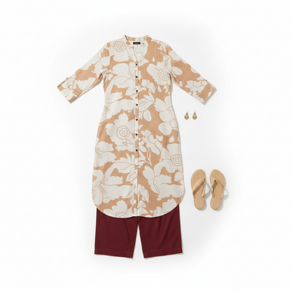 Beige White floral Kurti