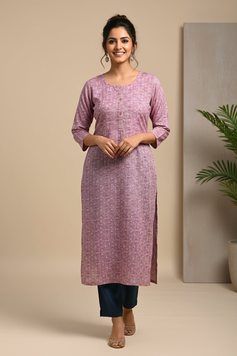 A long-sleeve pink and white patterned tunic top laid flat on a bright green sheet.