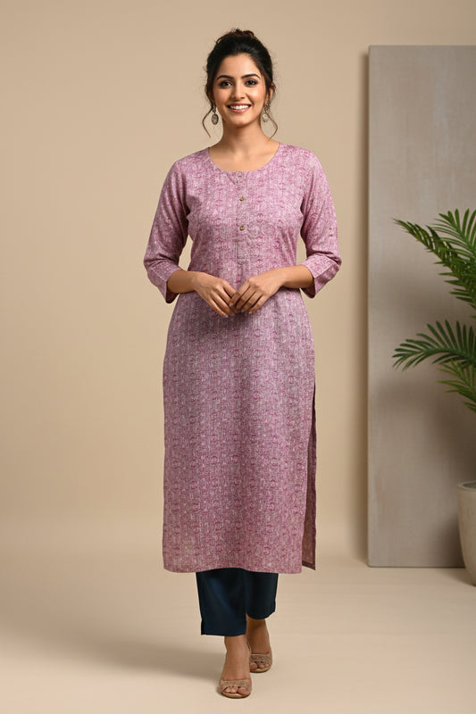 A long-sleeve pink and white patterned tunic top laid flat on a bright green sheet.