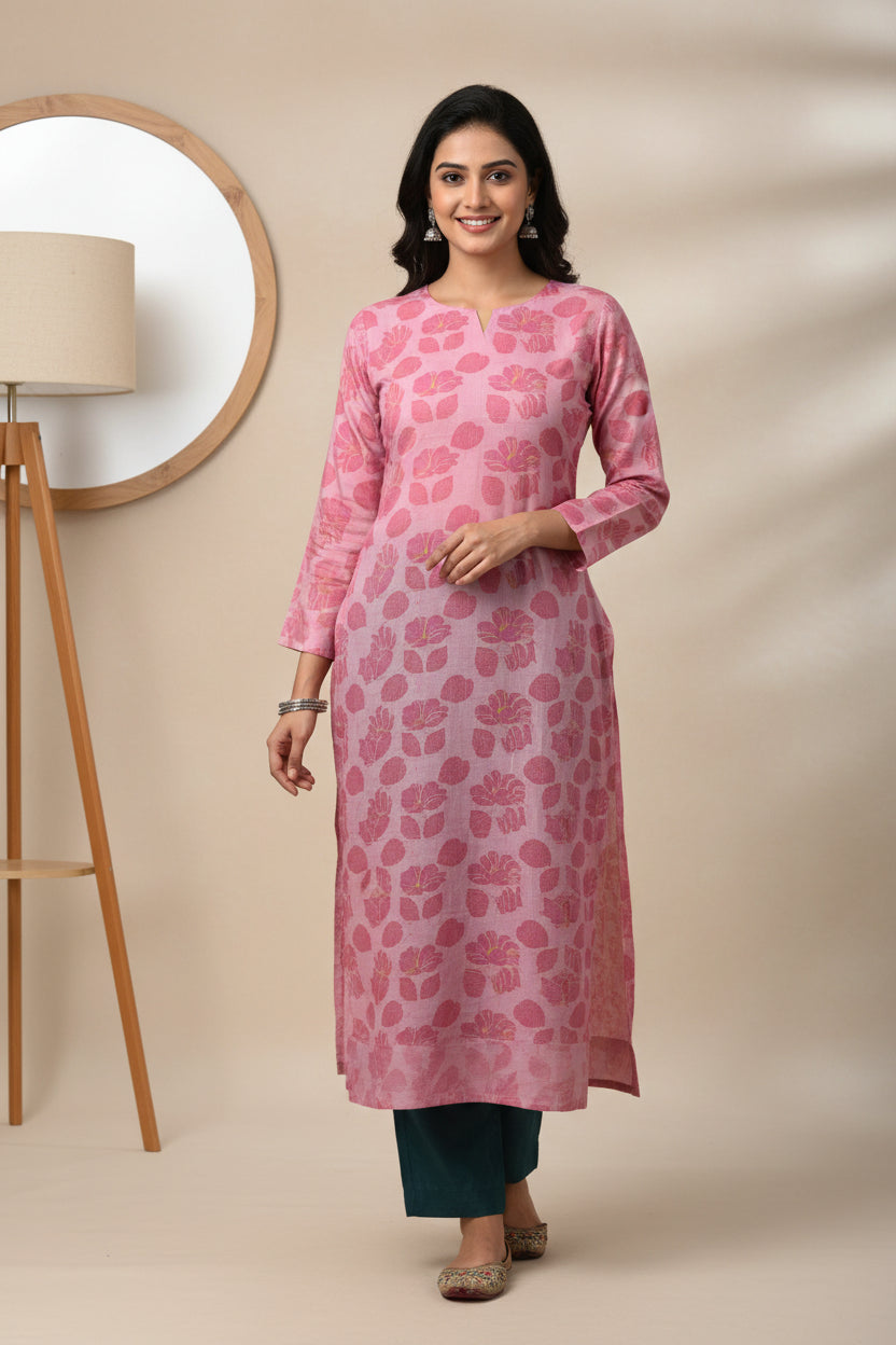 A pink long-sleeve shirt with a pink floral pattern, laid flat on a bright green sheet. A blue and white tag is visible on the chest.
