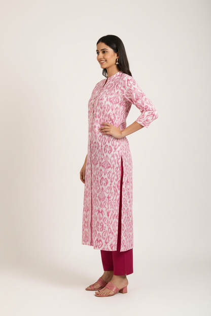 A pink and white patterned long kurta for Women