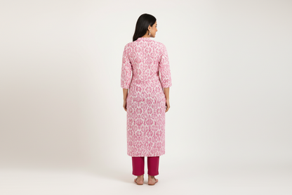 White cotton kurti with pink patterns