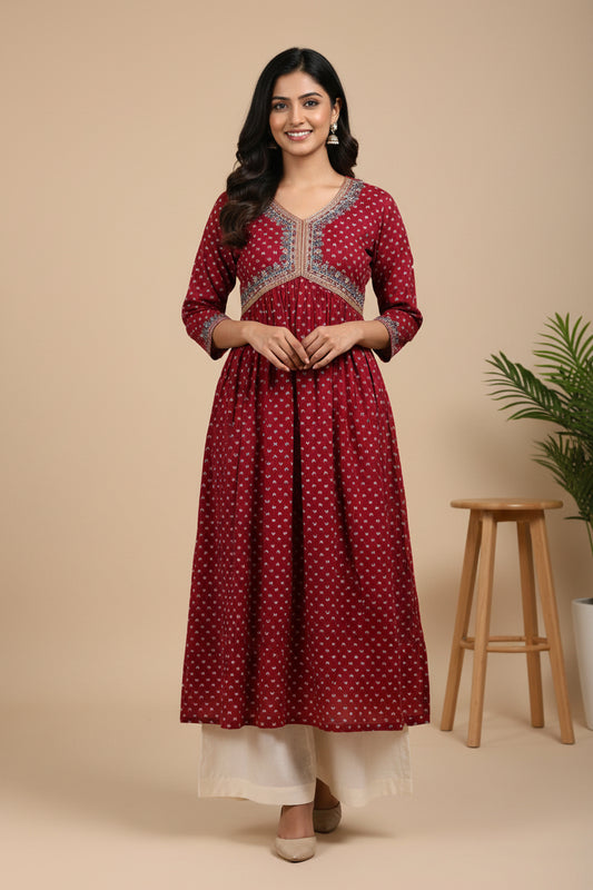A red and white patterned Kurta for Women