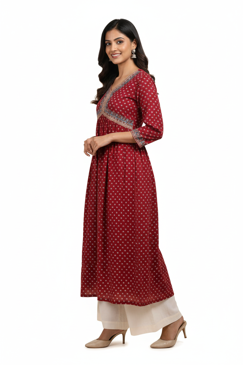 Kurti for Women - red three-quarter sleeve kurta with a white geometric pattern.