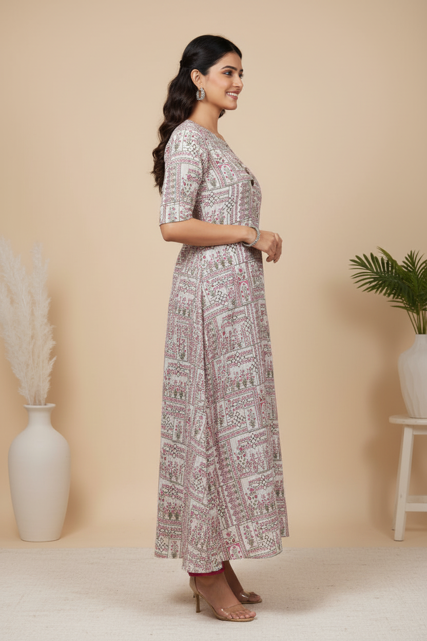 White Kurti Pink & Green Patterns