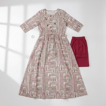 White Kurti Pink & Green Patterns