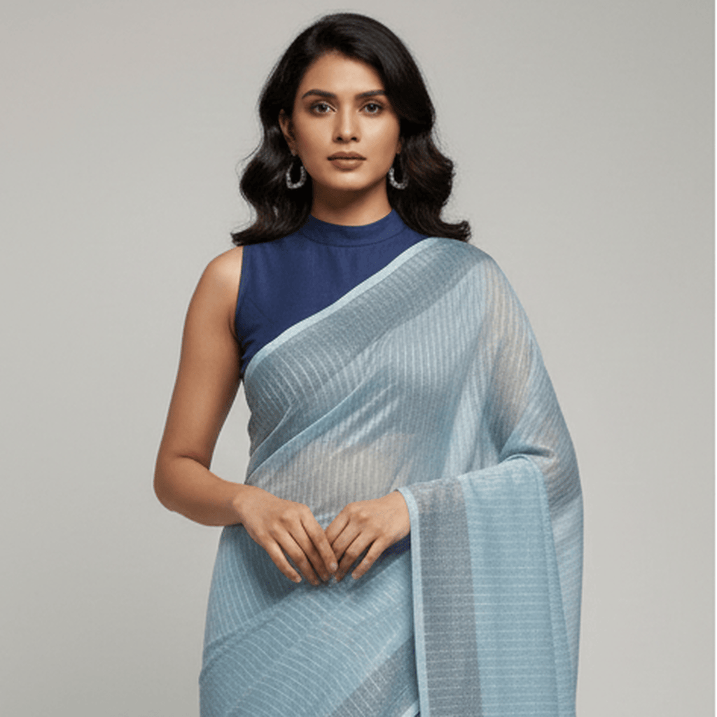 Woman wearing a light blue saree with a plain background