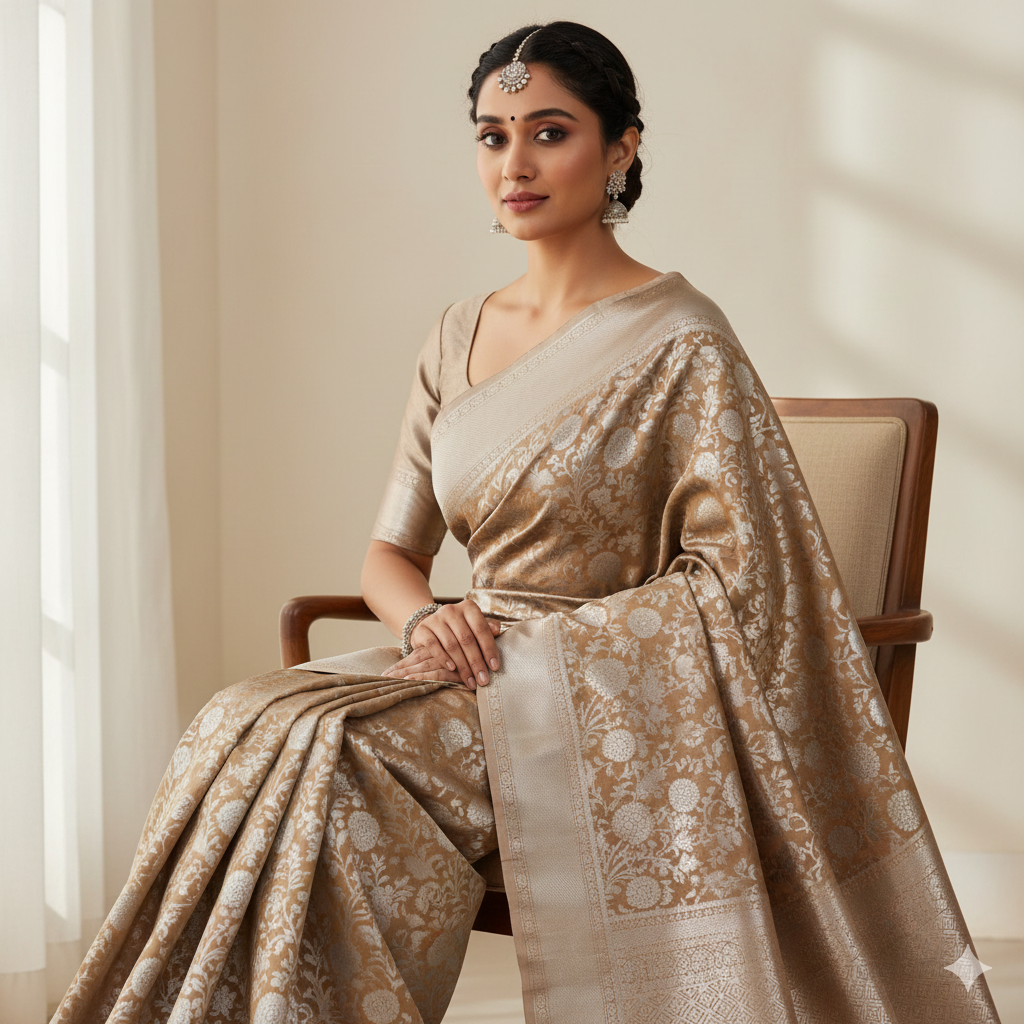 Tissue Silk Saree with Silver Zari Border for Wedding.