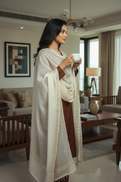 A woman stands in a modern living room wearing a cream-colored shawl draped over her shoulders and holding a white mug. The shawl features delicate embroidered borders along the edges.