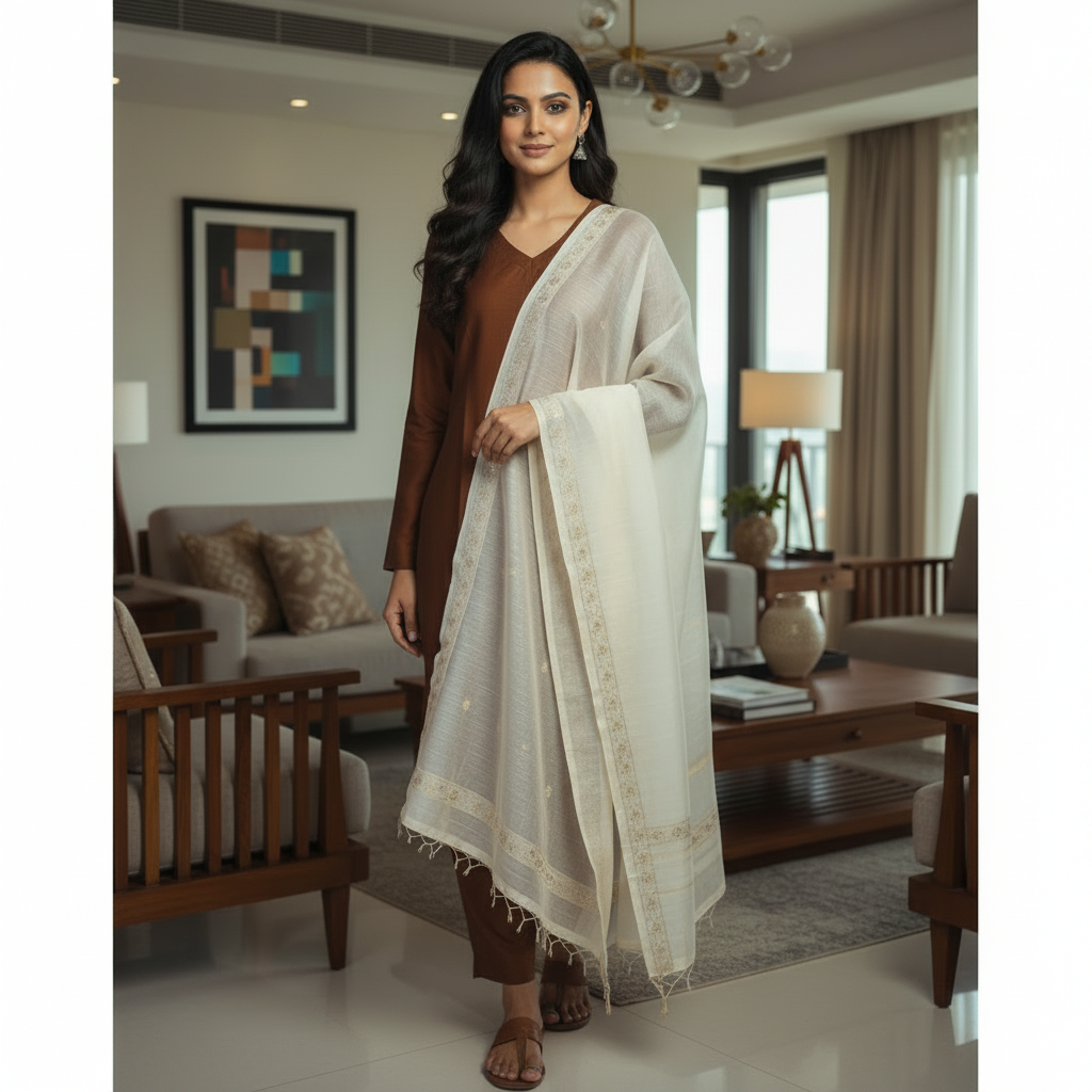 Woman wearing a brown kurta with pants on a gray background