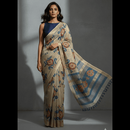 Woman wearing a traditional saree with a floral pattern on a gray background