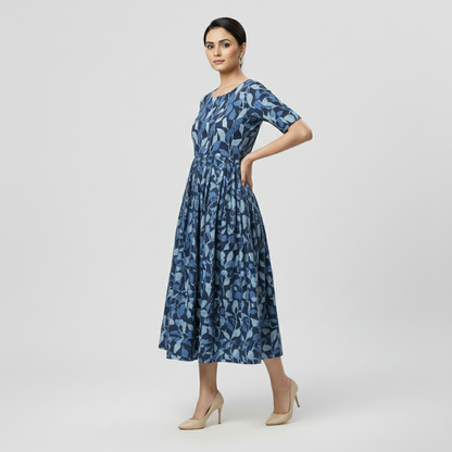 Blue Cotton Printed Midi