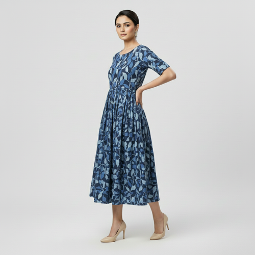 Blue Cotton Long Frocks for Women – Comfortable & Elegant Office Wear