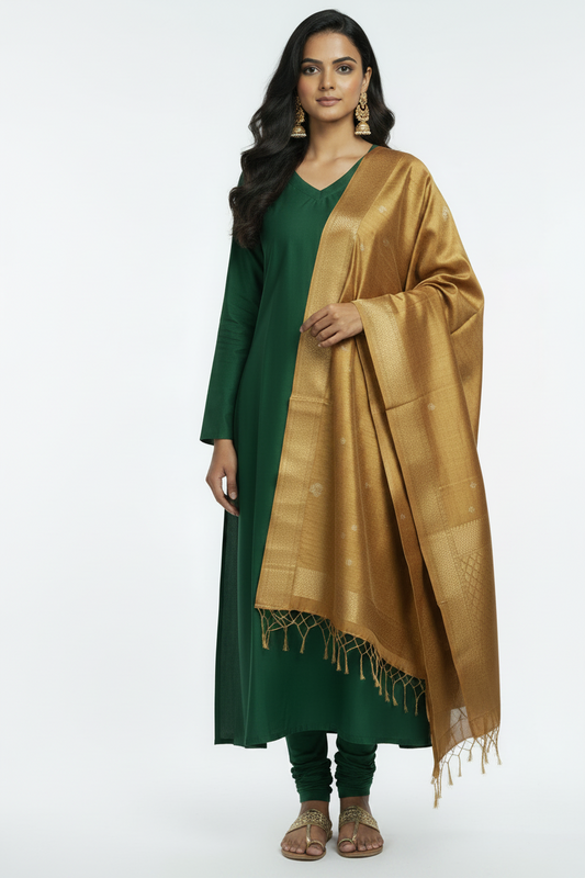 Woman wearing a green dress on a white background
