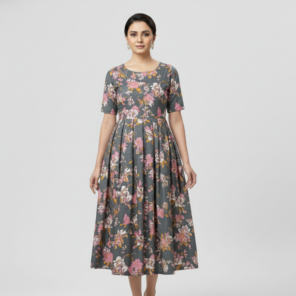 Gray Floral Print - Cotton Long Frocks for Women – Comfortable & Elegant Office Wear