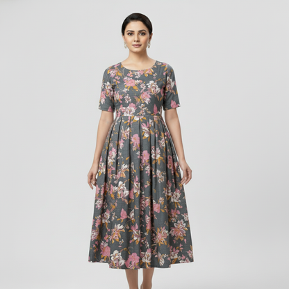 Grey Cotton floral Printed Midi
