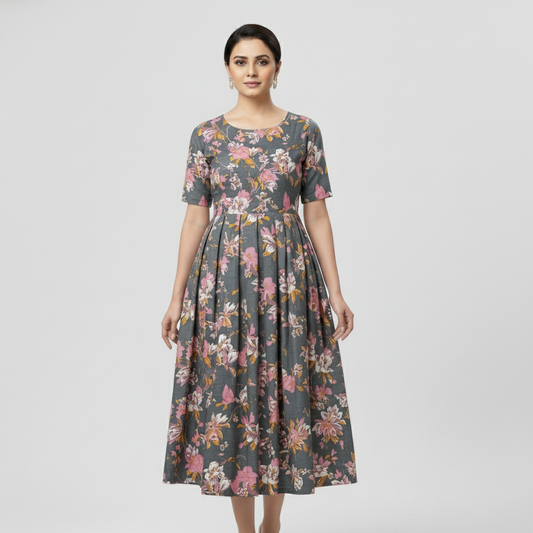 Gray Cotton Printed Midi Length One Piece Dress