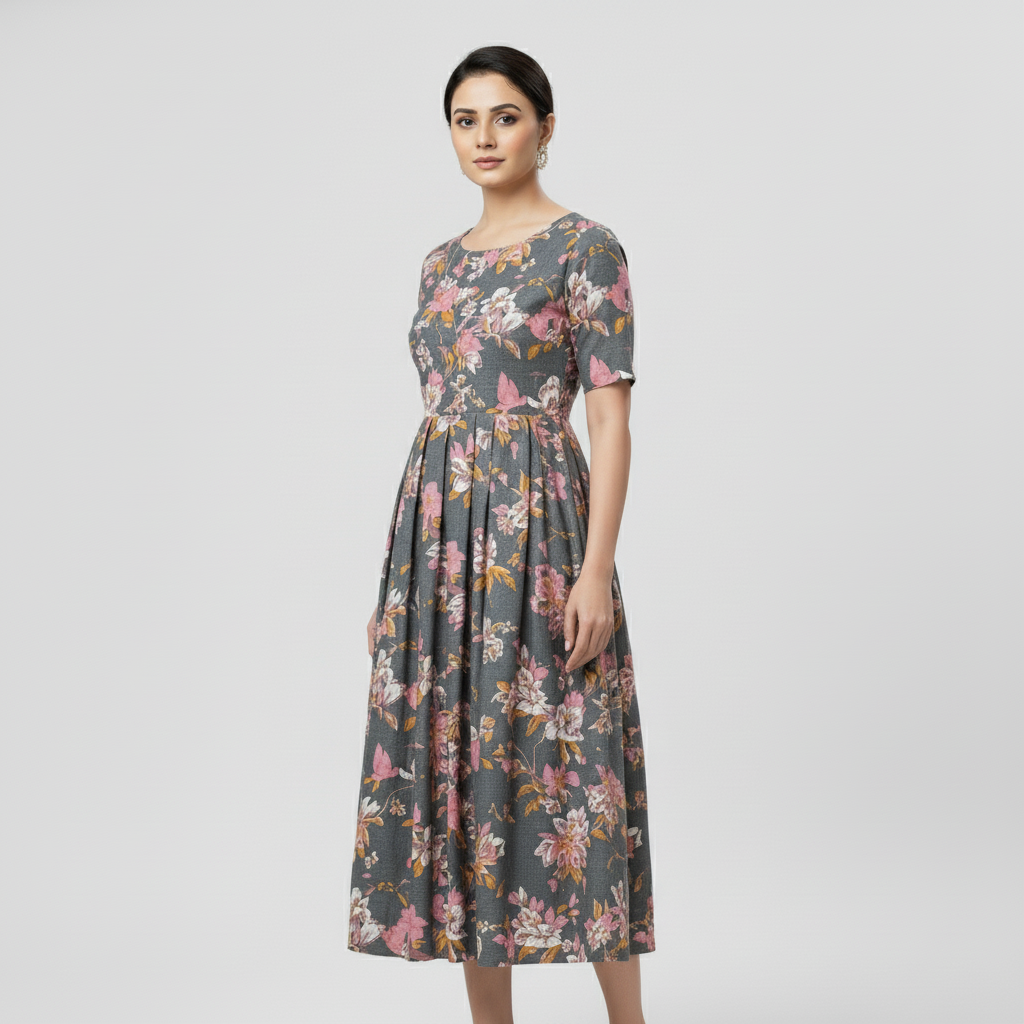 Gray Floral Print - Cotton Long Frocks for Women – Comfortable & Elegant Office Wear