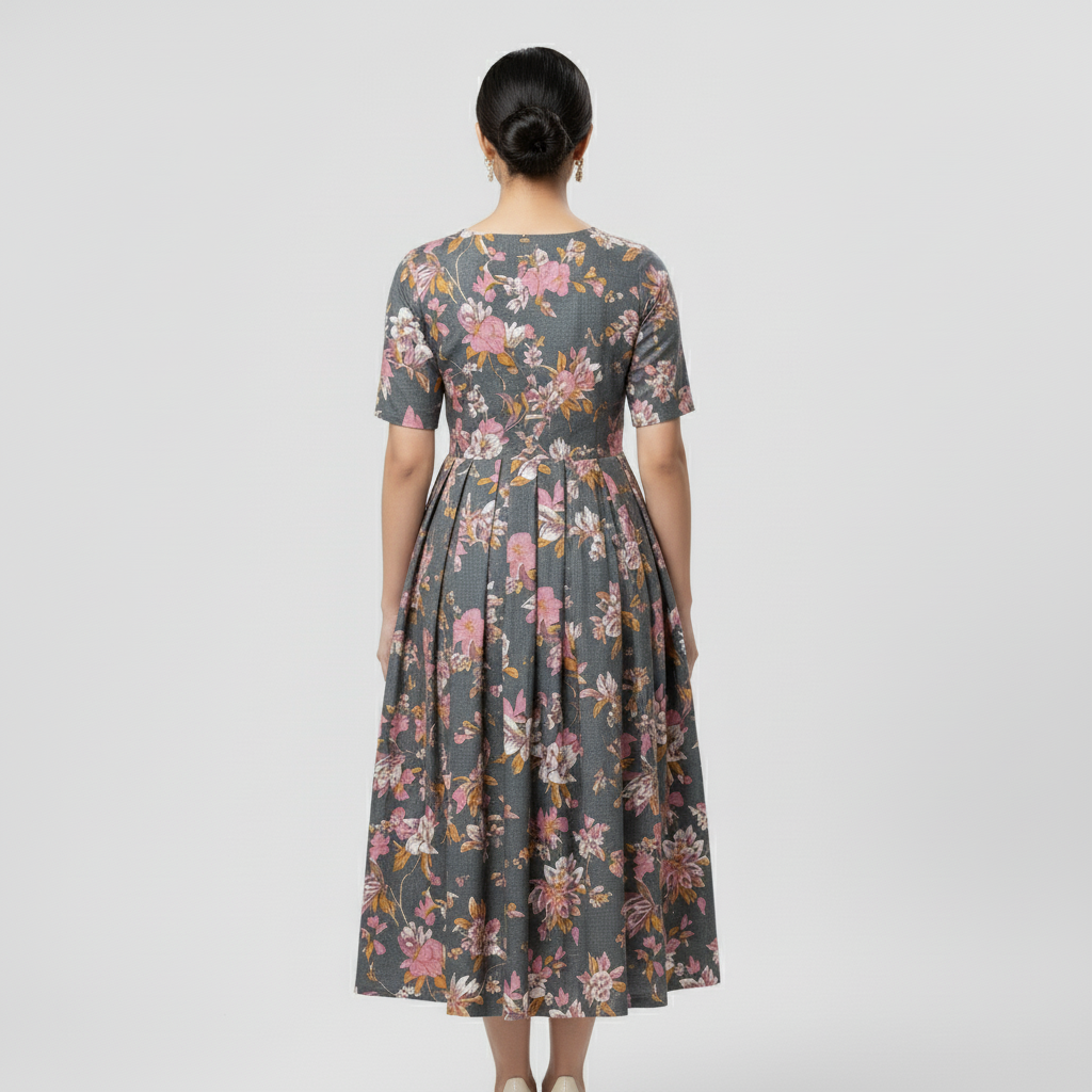 Gray Floral Print - Cotton Long Frocks for Women – Comfortable & Elegant Office Wear
