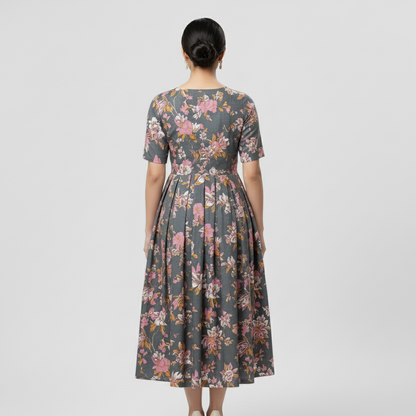 Grey Cotton floral Printed Midi