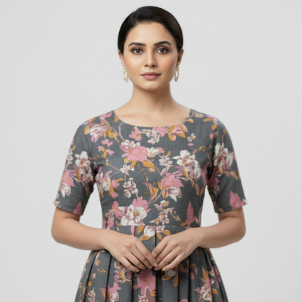 Gray Floral Print - Cotton Long Frocks for Women – Comfortable & Elegant Office Wear