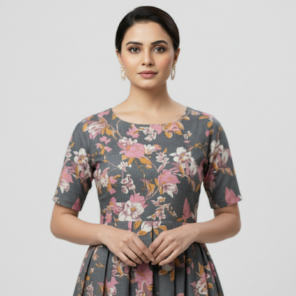 Grey Cotton floral Printed Midi