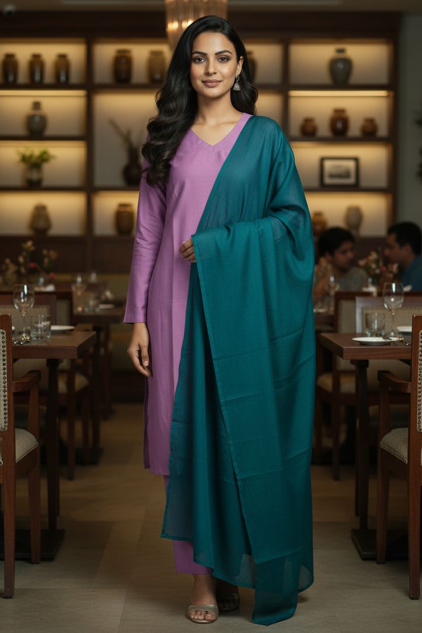 Woman wearing a purple outfit on a gray background