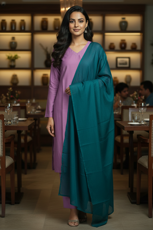Woman wearing a purple outfit on a gray background