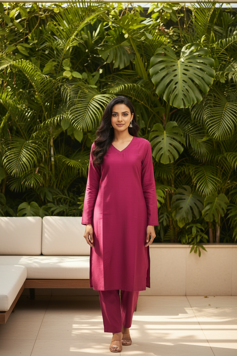 Woman wearing a magenta outfit standing on a city street.