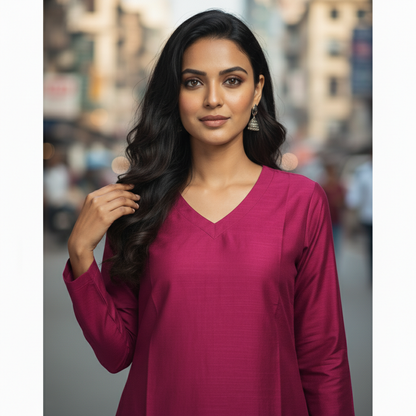 Woman wearing a magenta long-sleeve top with a blurred city street background